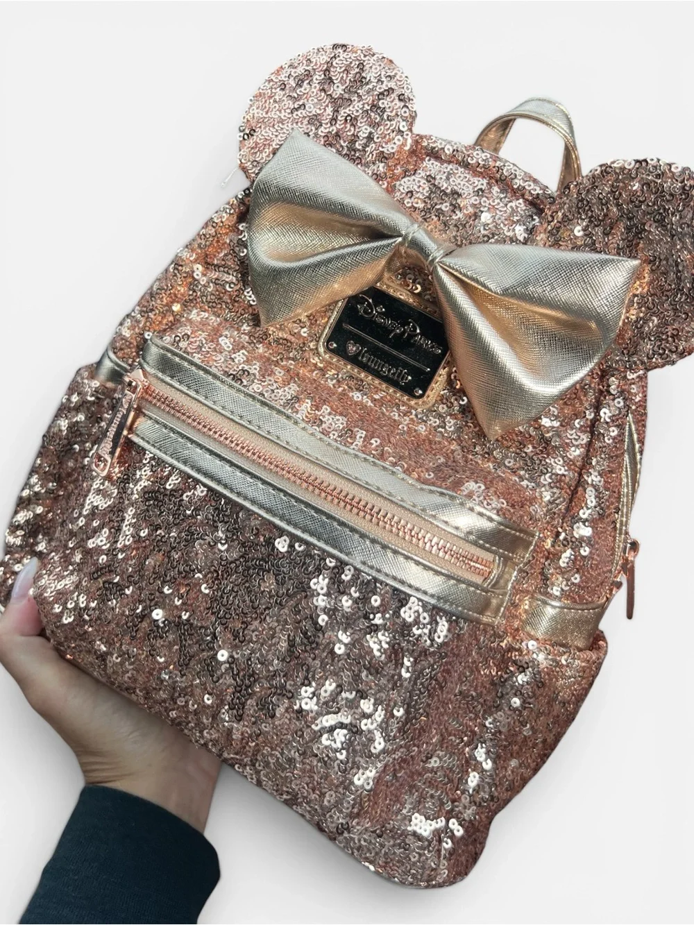 Loungefly Disney Parks Minnie Mouse Sequined Mini Backpack – Rose Gold